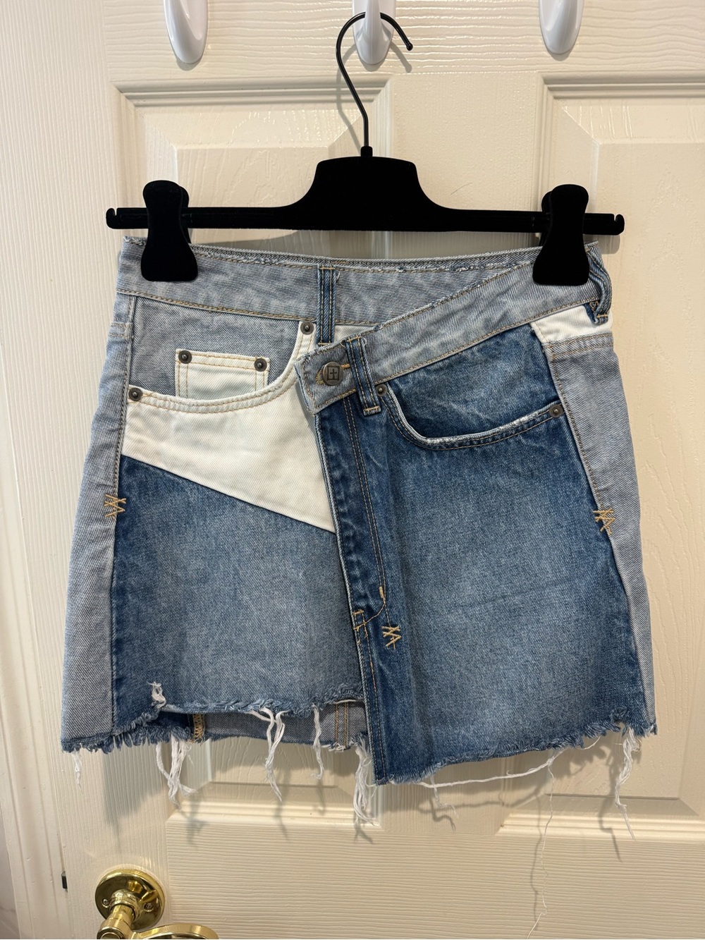 Ksubi Patchwork Two-Tone Denim Mini Skirt in Light and Dark Blue
